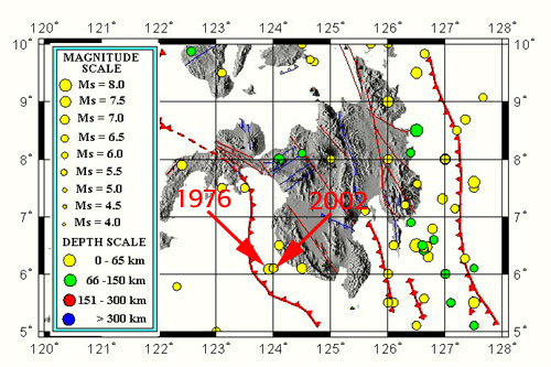 This image shows the distribution and depth of significant earthquakes in the Philippines region, highlighting major seismic events such as those in 1976 and 2002 along tectonic fault lines. From The Earthquake and Tsunami of August 16, 1976 in the Philippine Islands – The Moro Gulf Tsunami, by Dr. George Pararas-Carayannis (n.d.).