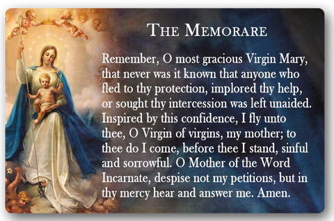 This image shows the Catholic prayer The Memorare, which is commonly recited for comfort and protection during times of distress. From The Memorare Prayer Card, by CatholicID (n.d.).